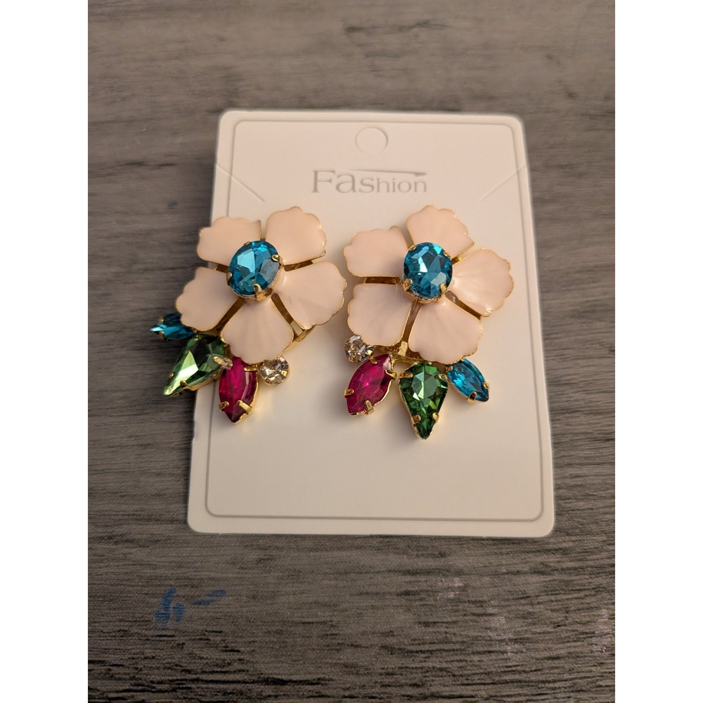 Women Floral Enamel Rhinestone Stud Earrings Multi Color Gold Tone Statement